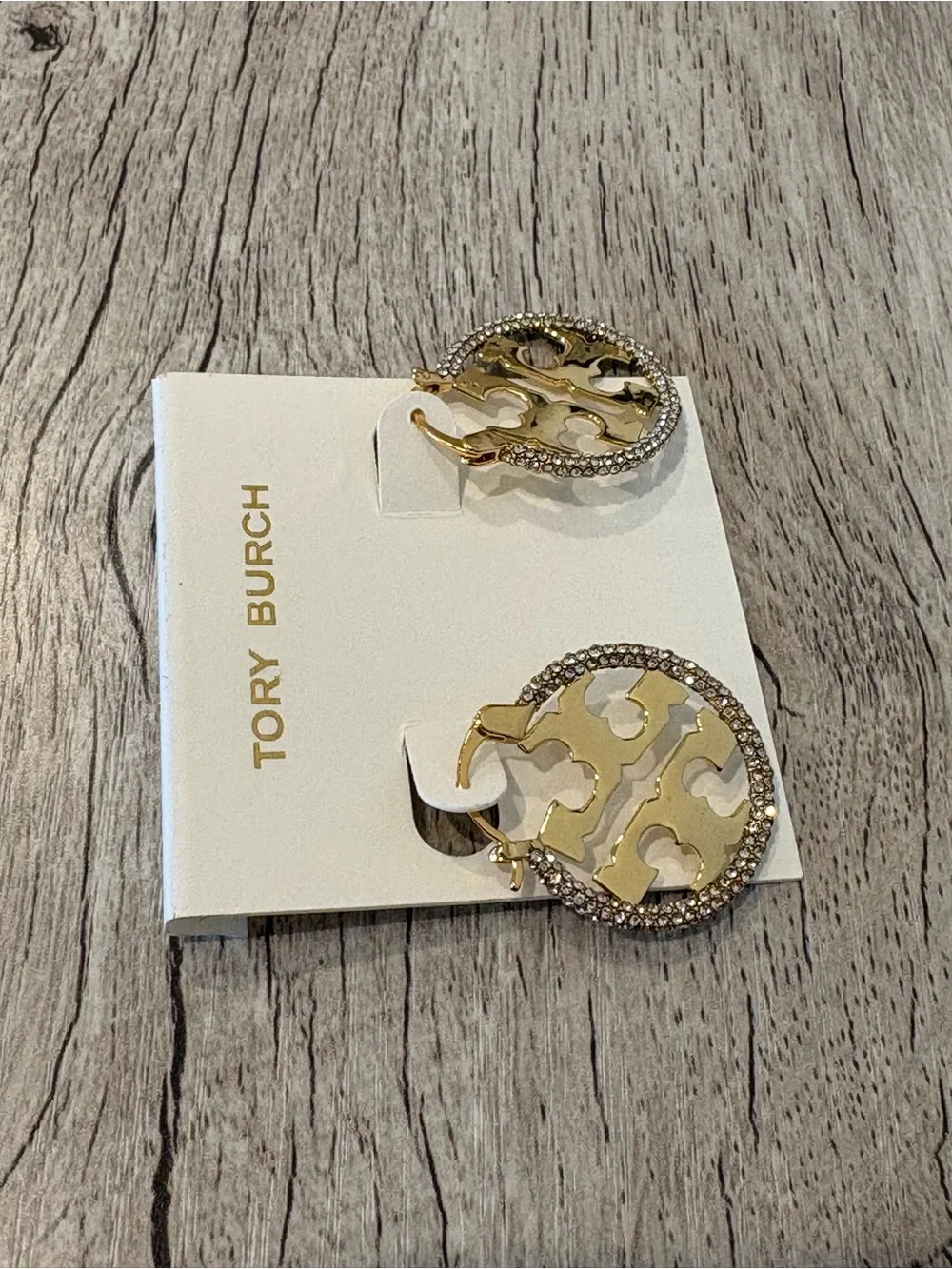 Tory Burch Gold Logo Crystal-Trim Round Drop Earrings